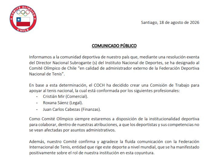 Comunicado COCH por crisis del tenis chileno.